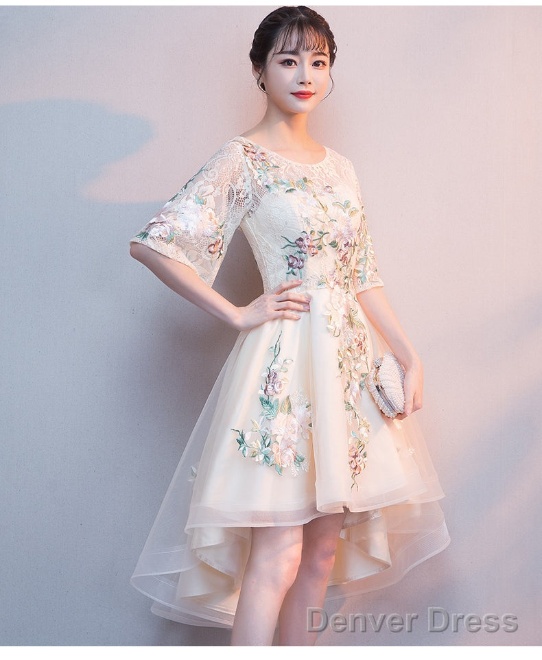 Lovely Light Champagne Tulle With Lace Applique Short Sleeves Prom Dress, High Low Homecoming Dresses