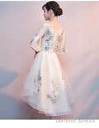 Lovely Light Champagne Tulle With Lace Applique Short Sleeves Prom Dress, High Low Homecoming Dresses