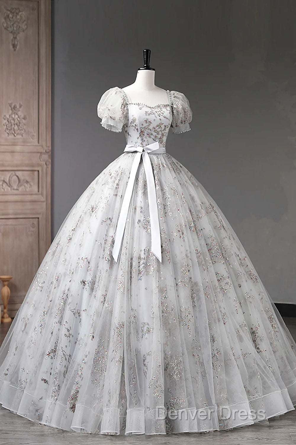 Lovely Light Grey Tulle Sequins Long Prom Dresses, A-Line Grey Evening Party Dresses Secondary image