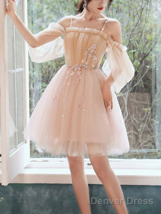 Lovely Light Pink And Champagne Short Prom Dress With Lace Applique. Short Homecoming Dresses