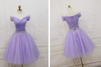 Lovely Light Purple Beaded Short Prom Dress, Off Shoulder Homecoming Dresses