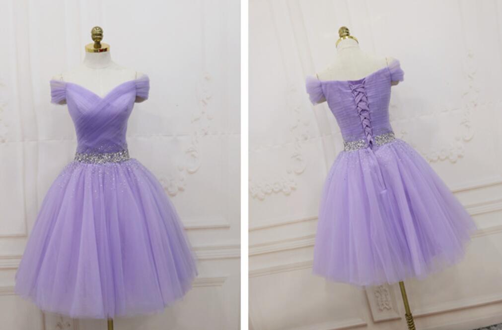 Lovely Light Purple Beaded Short Prom Dress, Off Shoulder Homecoming Dresses