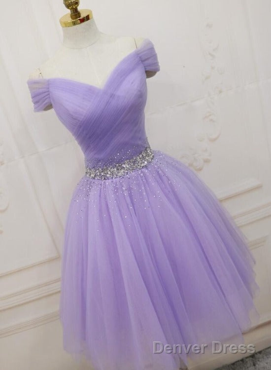 Lovely Light Purple Beaded Short Prom Dress, Off Shoulder Homecoming Dresses