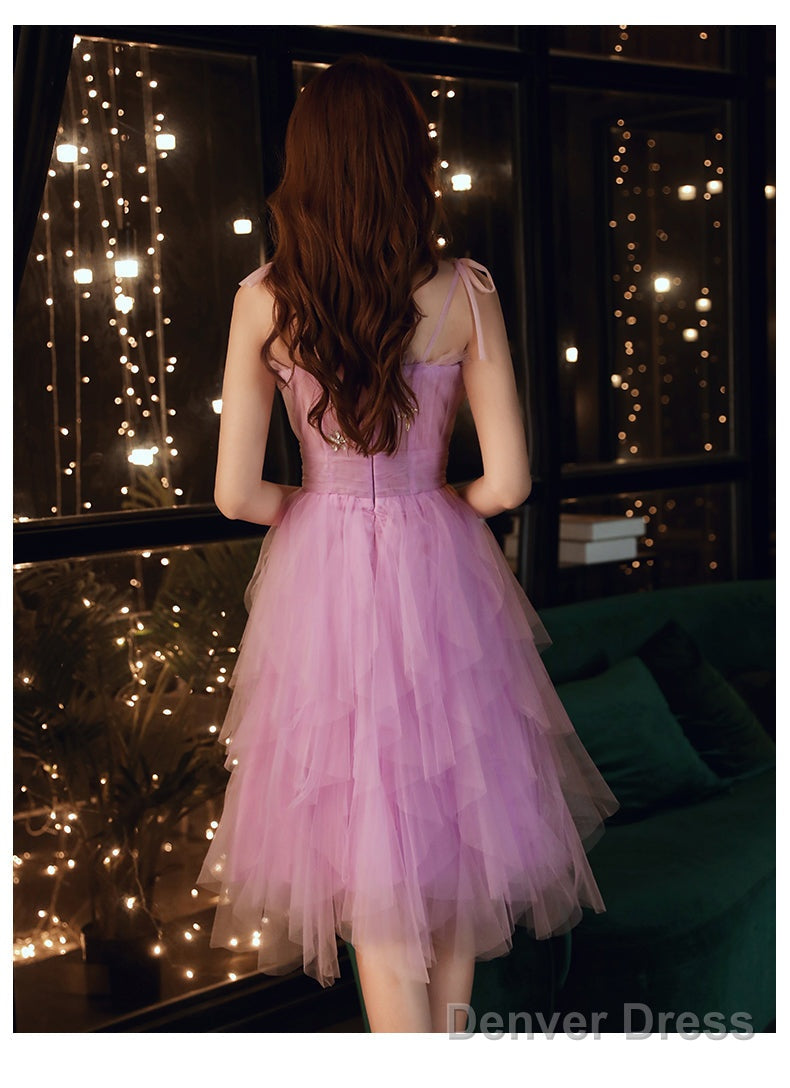 Lovely Light Purple Cute Tulle Straps Short Prom Dress, Purple Homecoming Dresses