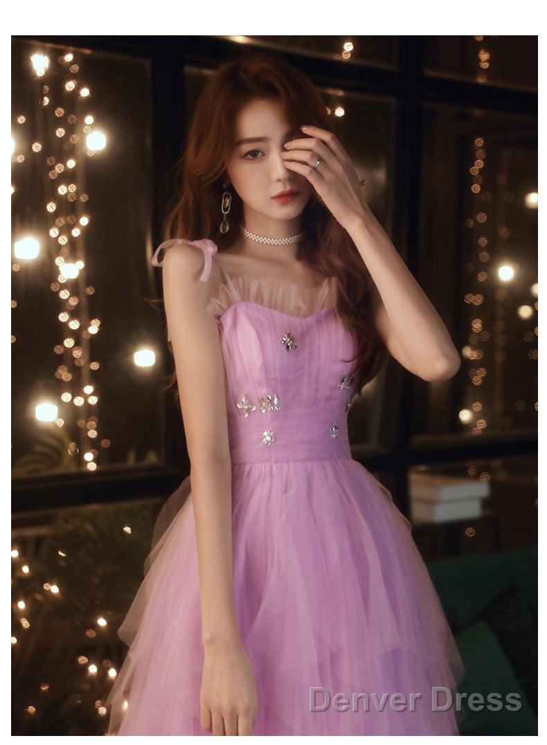 Lovely Light Purple Cute Tulle Straps Short Prom Dress, Purple Homecoming Dresses