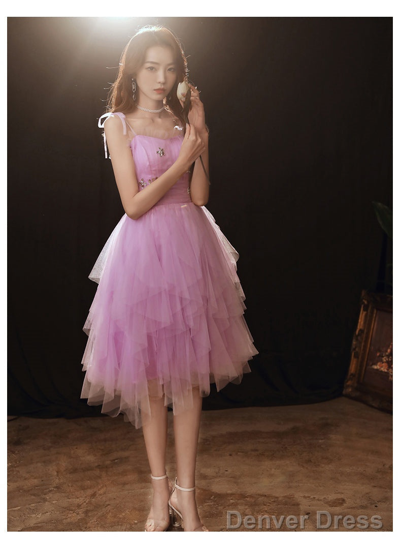 Lovely Light Purple Cute Tulle Straps Short Prom Dress, Purple Homecoming Dresses