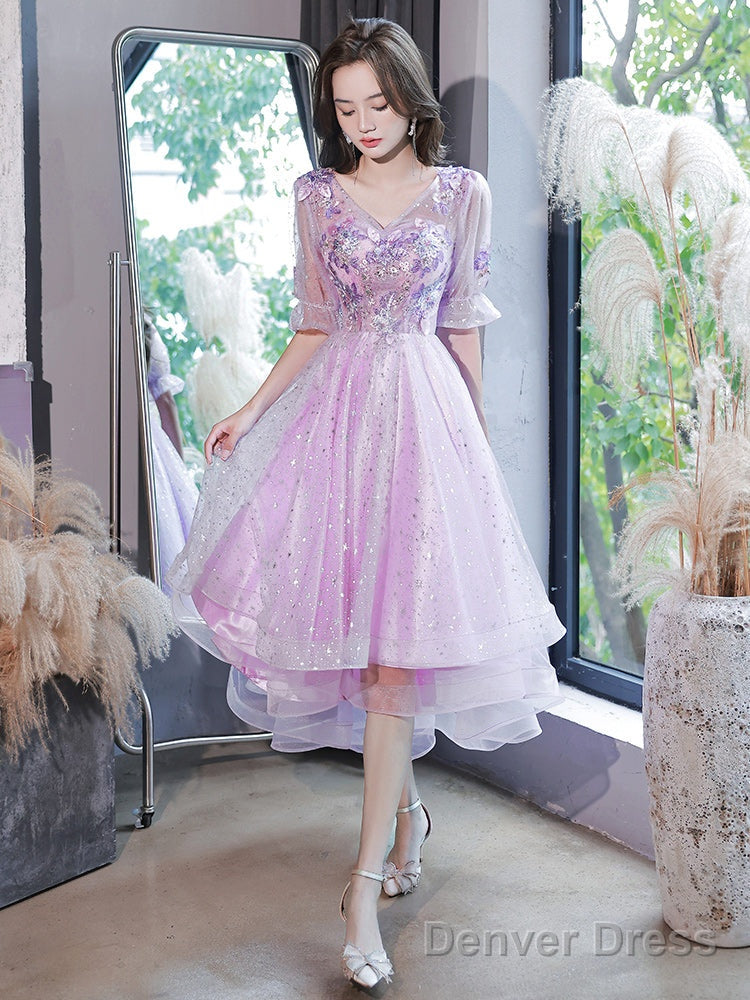 Lovely Light Purple High Low Tulle With Lace Prom Dress, Short Sleeves Homecoming Dresses Secondary image