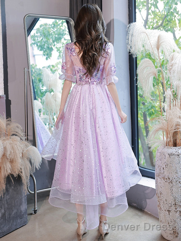 Lovely Light Purple High Low Tulle With Lace Prom Dress, Short Sleeves Homecoming Dresses