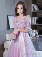 Lovely Light Purple High Low Tulle With Lace Party Dress, Short Sleeves Homecoming Dresses