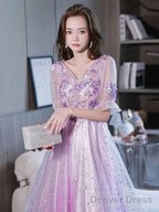 Lovely Light Purple High Low Tulle With Lace Prom Dress, Short Sleeves Homecoming Dresses