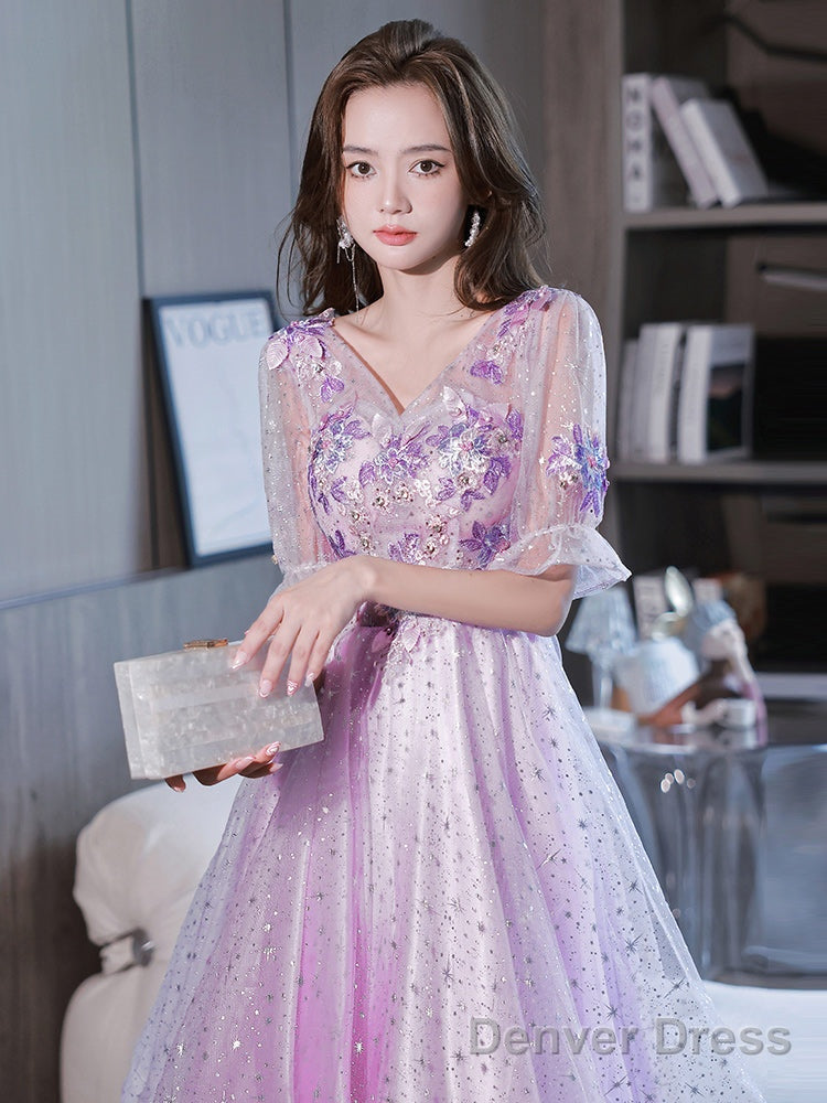 Lovely Light Purple High Low Tulle With Lace Prom Dress, Short Sleeves Homecoming Dresses