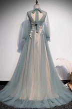 Lovely Long Sleeves Tulle Prom Dress with Flowers, Unique Long Prom Dresses with Lace Applique