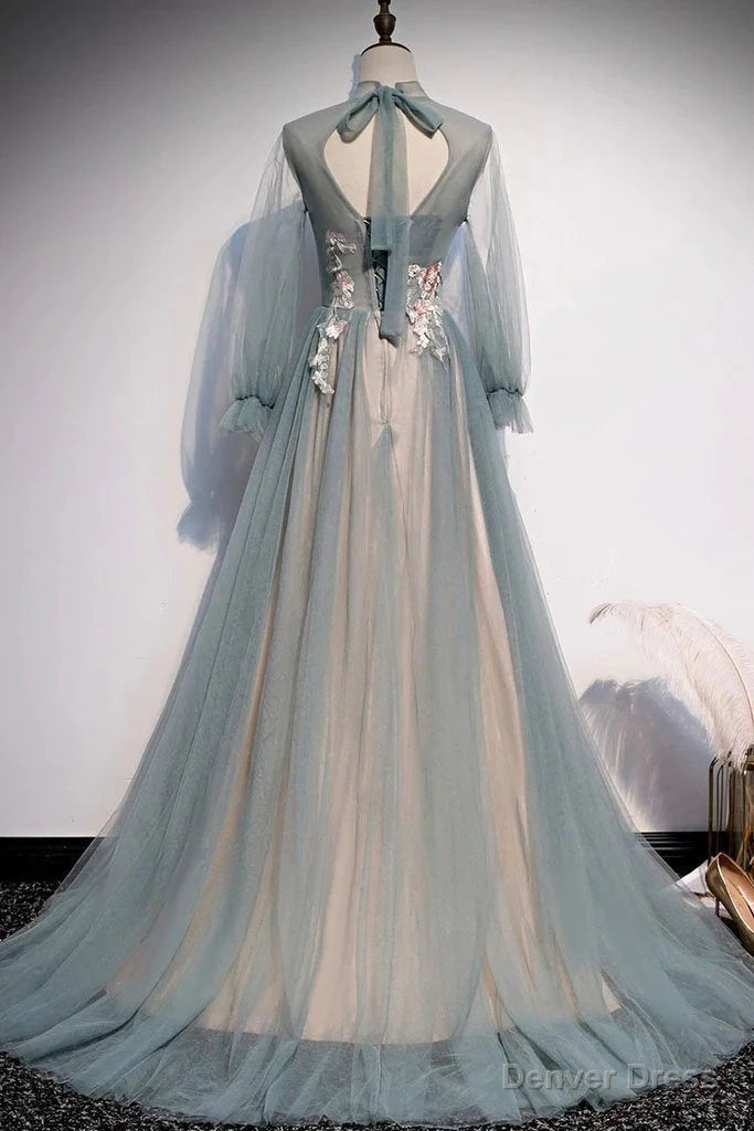 Lovely Long Sleeves Tulle Prom Dress with Flowers, Unique Long Prom Dresses with Lace Applique