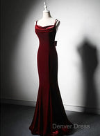 Lovely Low Back Velvet Mermaid Long Prom Dress, Velvet Wedding Prom Dresses