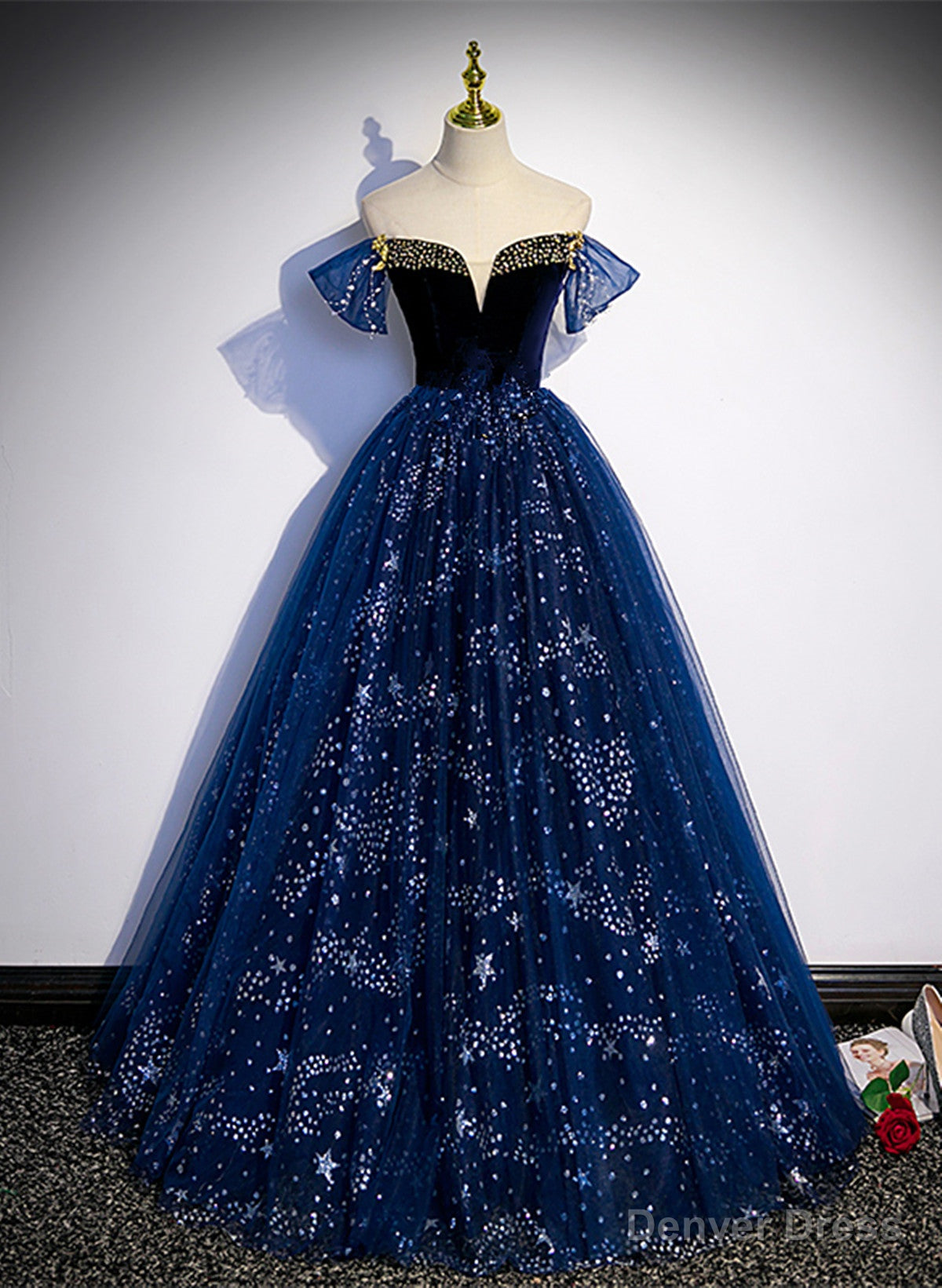 Lovely Navy Blue Tulle Off Shoulder Beaded Long Prom Dress, Navy Blue Tulle Prom Dresses Main image