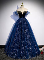 Lovely Navy Blue Tulle Off Shoulder Beaded Long Prom Dress, Navy Blue Tulle Prom Dresses