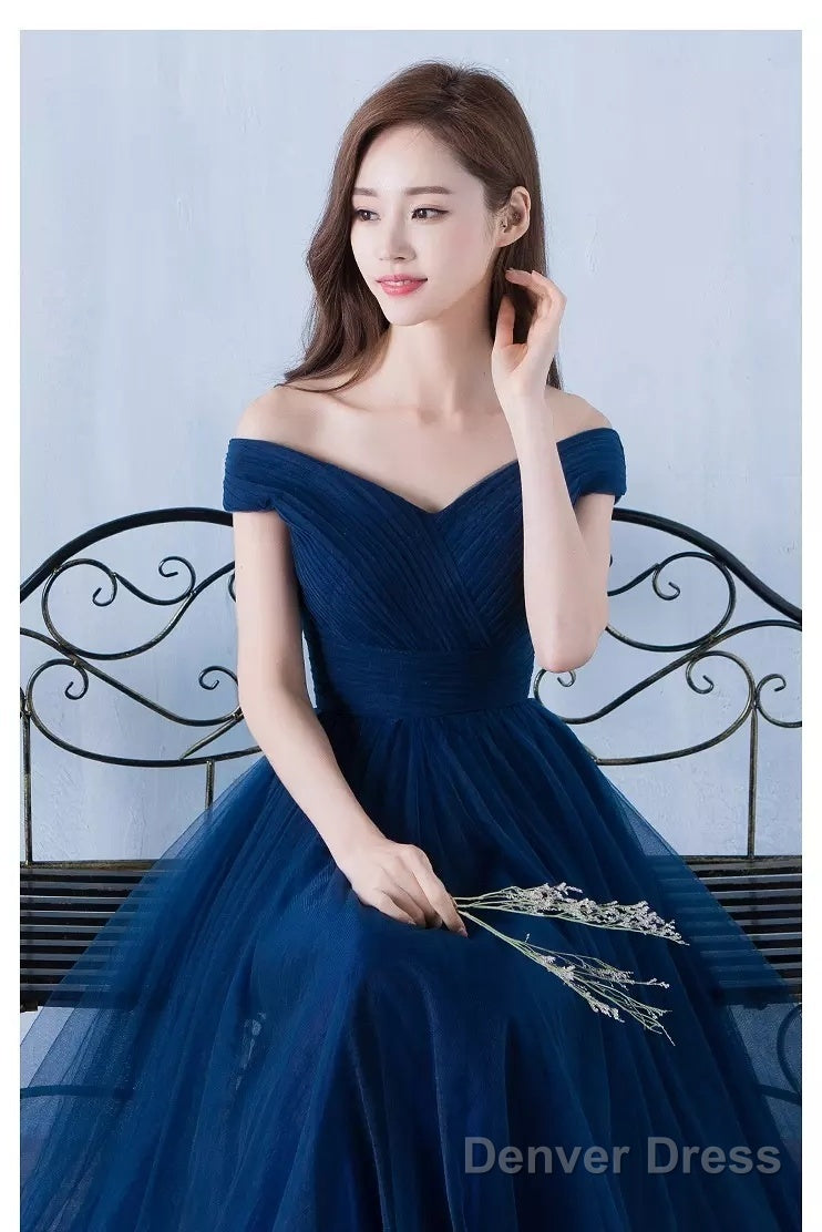 Lovely Navy Blue Tulle Off Shoulder Long Prom Dress , Tulle Bridesmaid Dresses Secondary image