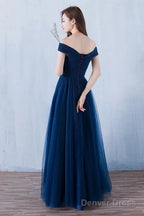 Lovely Navy Blue Tulle Off Shoulder Long Prom Dress , Tulle Bridesmaid Dresses