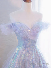 Lovely Off Shoulder A-Line Tulle And Sequins Prom Dress, Sweetheart Long Evening Dress