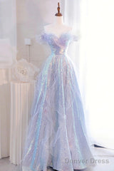 Lovely Off Shoulder A-Line Tulle And Sequins Prom Dress, Sweetheart Long Evening Dress