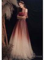 Lovely Off Shoulder Gradient Long Formal Dress, Shiny Tulle Red Party Dress