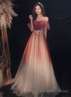 Lovely Off Shoulder Gradient Long Formal Dress, Shiny Tulle Red Party Dress