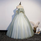 Lovely Off Shoulder Light Green Ball Gowns Sweet 16 Dress, Charming Lace Long Prom Dresses