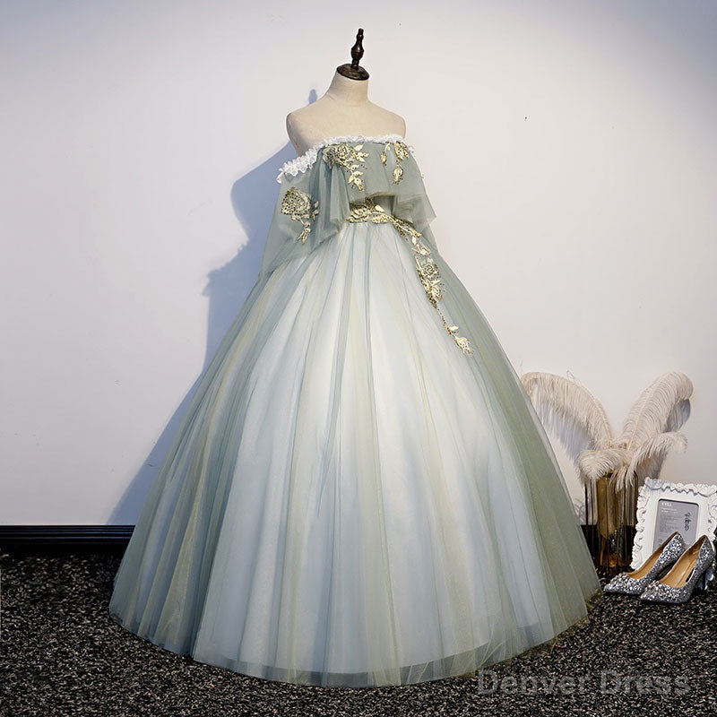 Lovely Off Shoulder Light Green Ball Gowns Sweet 16 Dress, Charming Lace Long Prom Dresses