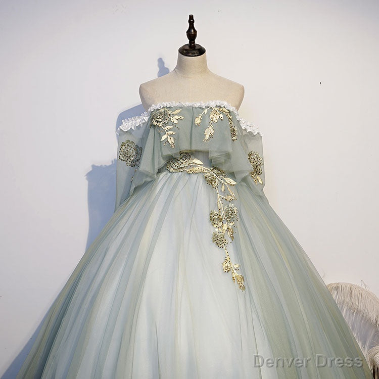 Lovely Off Shoulder Light Green Ball Gown Sweet 16 Dress, Charming Lace Long Formal Dress