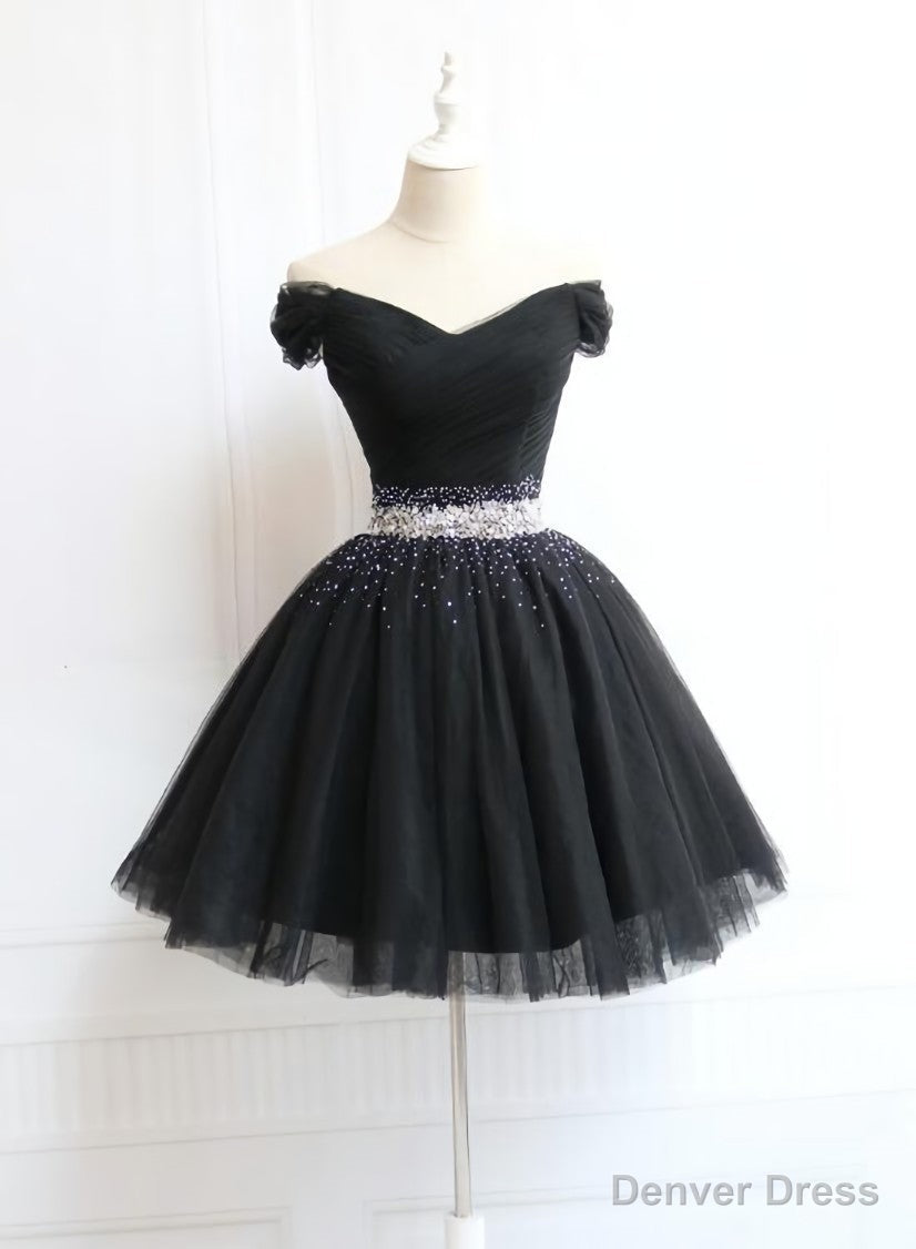 Lovely Off Shoulder Navy Blue Beaded Homecoming Dress, Short Prom Dresses Main image