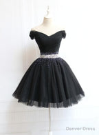 Lovely Off Shoulder Navy Blue Beaded Homecoming Dress, Short Prom Dresses