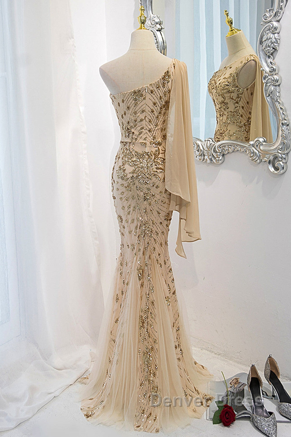 Lovely One Shoulder Champagne Sequins Mermaid Prom Dresses, Champagne