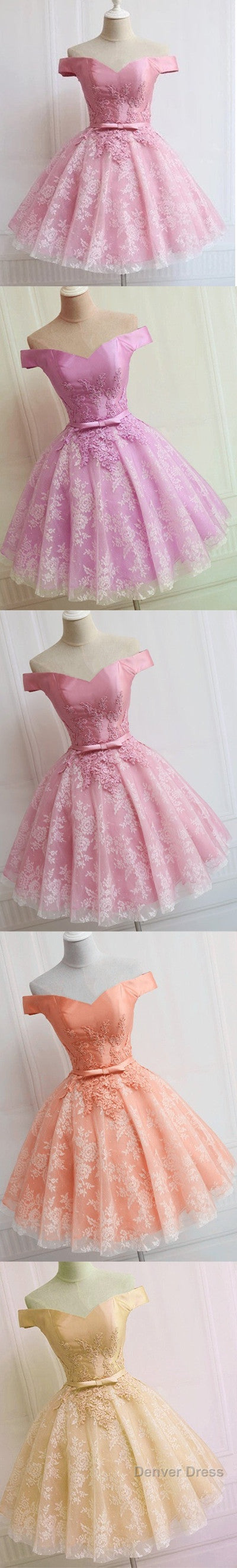 Lovely Pink  A-Line Off-Shoulder Sweetheart Lace Appliques Bow Sash Knee Length Homecoming Dress