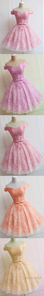 Lovely Pink A-Line Off-Shoulder Sweetheart Lace Appliques Bow Sash Knee Length Homecoming Dresses