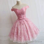 Lovely Pink  A-Line Off-Shoulder Sweetheart Lace Appliques Bow Sash Knee Length Homecoming Dress