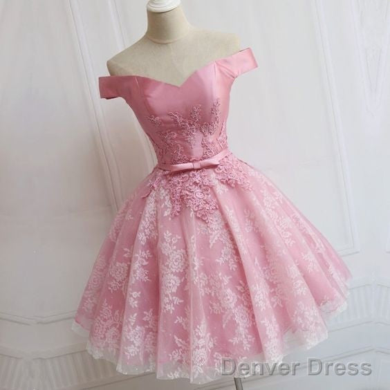 Lovely Pink A-Line Off-Shoulder Sweetheart Lace Appliques Bow Sash Knee Length Homecoming Dresses Main image