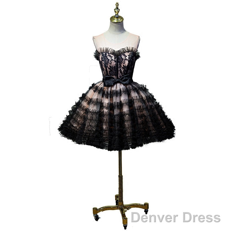 Lovely Pink And Black Short Prom Dress With Bow, Cute Black Homecoming Dresses Secondary image