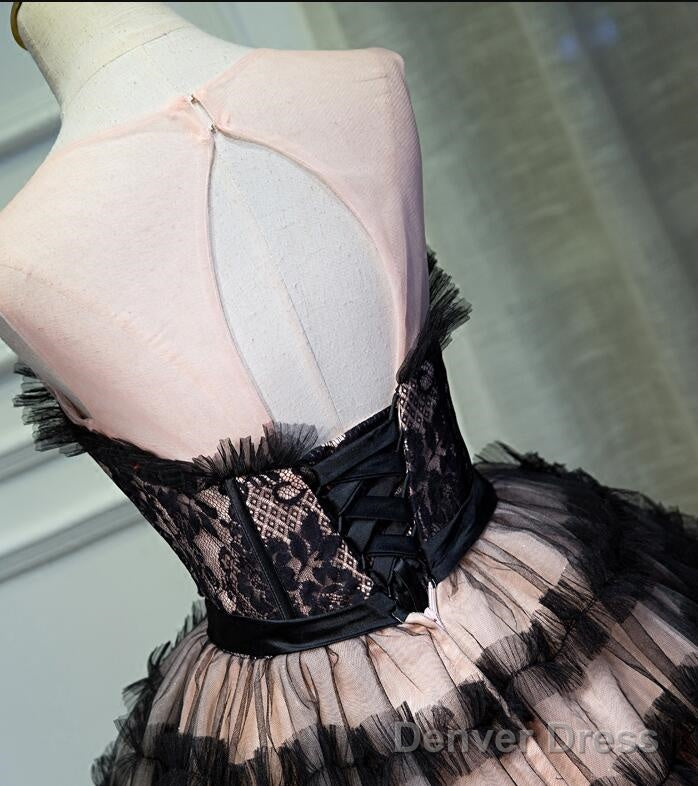 Lovely Pink And Black Short Prom Dress With Bow, Cute Black Homecoming Dresses