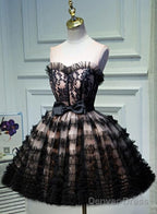 Lovely Pink And Black Short Prom Dress With Bow, Cute Black Homecoming Dresses