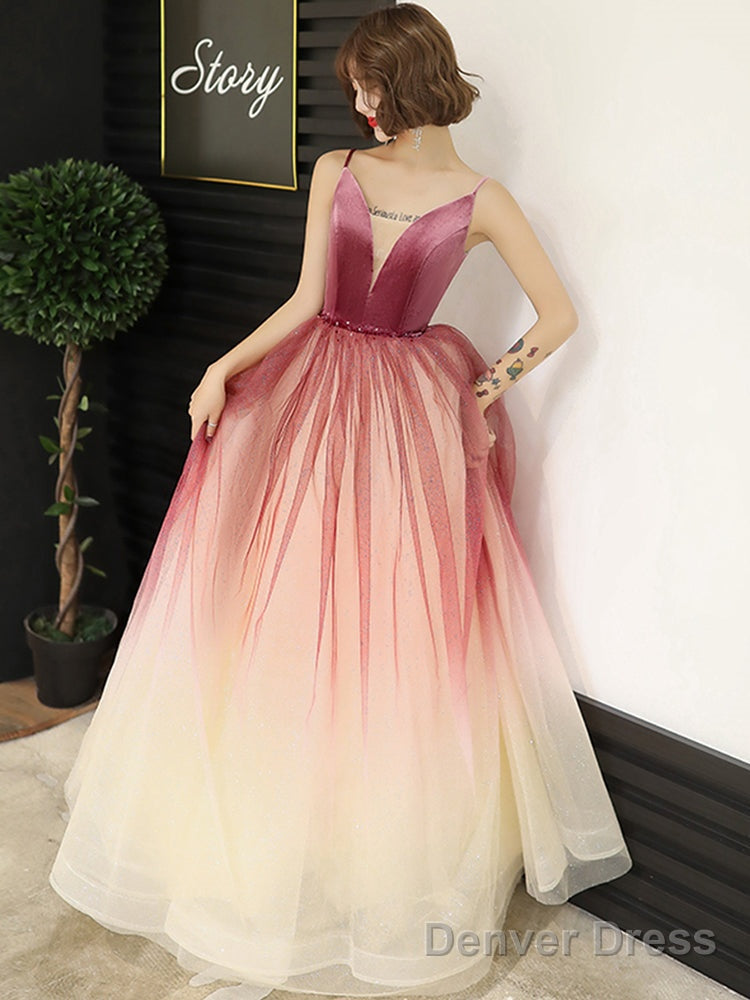 Lovely Pink Gradient Velvet Top Long Evening Dress, A-Line Pink Tulle Prom Dress Party Dress