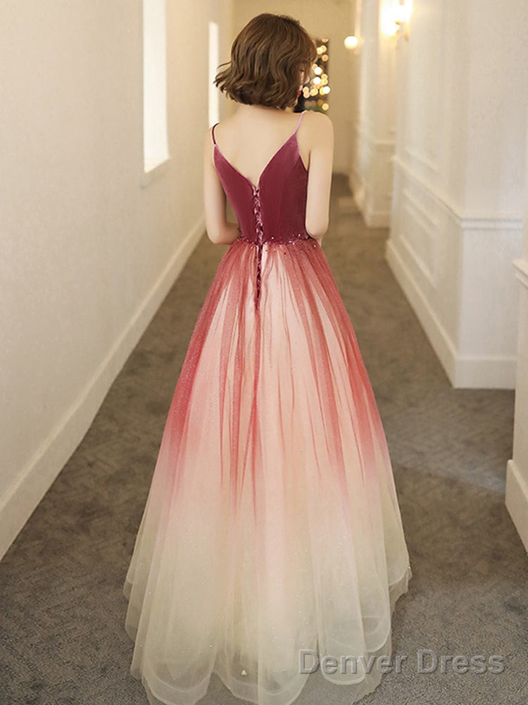 Lovely Pink Gradient Velvet Top Long Evening Dress, A-Line Pink Tulle Prom Dress Party Dress