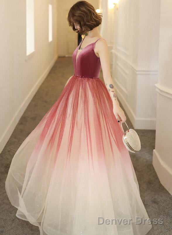 Lovely Pink Gradient Velvet Top Long Evening Dress, A-Line Pink Tulle Prom Dress Party Dress Main image
