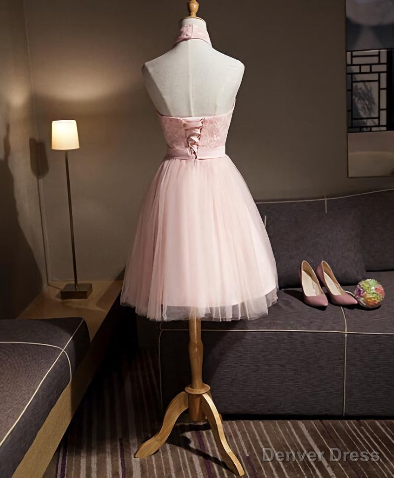 Lovely Pink Halter Tulle Flowers Short Prom Dress Homecoming Dress, Pink Graduation Dress Prom Dresses
