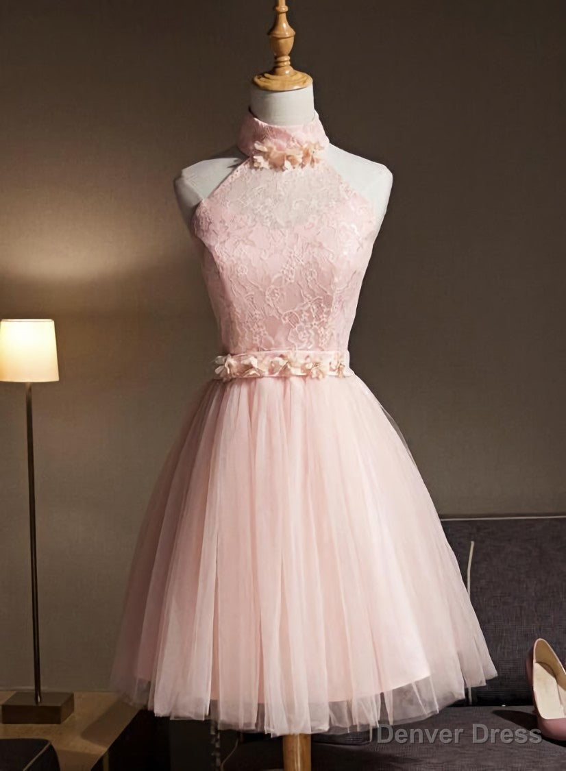 Lovely Pink Halter Tulle Flowers Short Prom Dress Homecoming Dress, Pink Graduation Dresses Party Dresses Main image