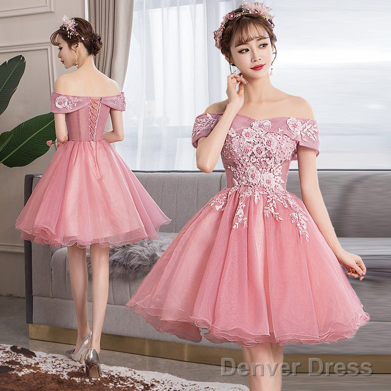 Lovely Pink Lace Applique Off Shoulder Cute Party Dress Homecoming Dress, Short Formal Dress Secondary image