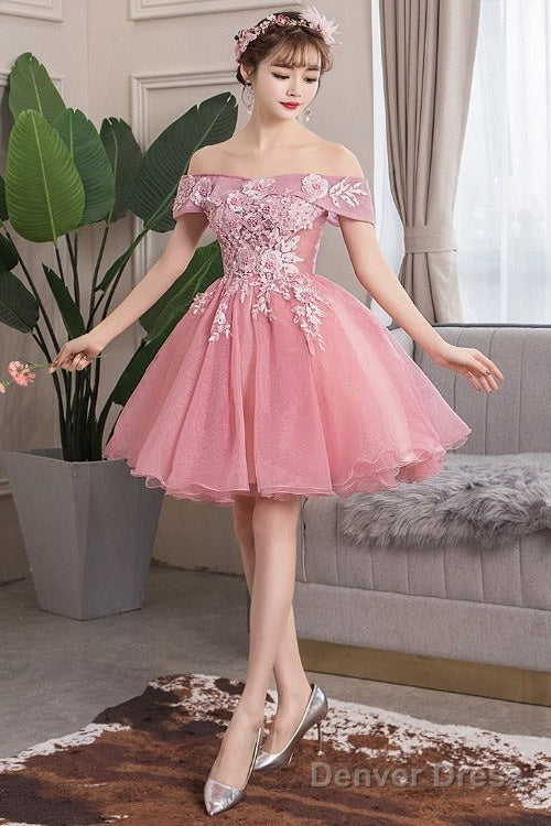 Lovely Pink Lace Applique Off Shoulder Cute Party Dress Homecoming Dress, Short Formal Dress Main image