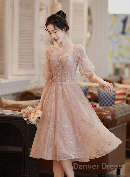 Lovely Pink Lace Short Sleeves Sweetheart Vintage Style Party Dress, Pink Homecoming Dresses Main image