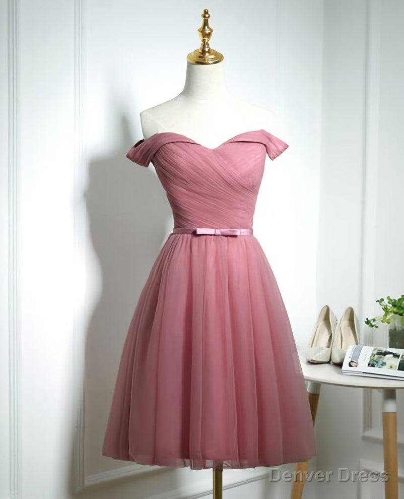 Lovely Pink Off Shoulder Knee Length Party Dress, Pink Prom Dress Main image