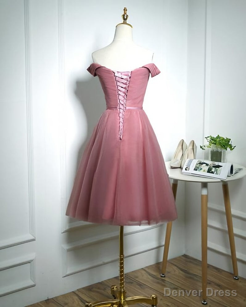 Lovely Pink Off Shoulder Knee Length Prom Dress, Pink Prom Dresses