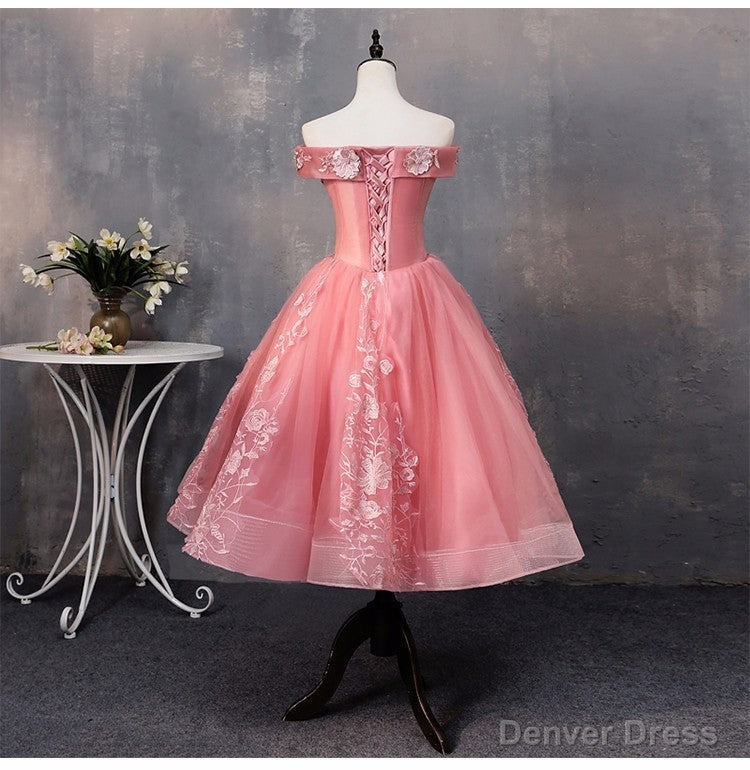 Lovely Pink Off Shoulder Party Dress, Lace Applique Prom Dress Main image